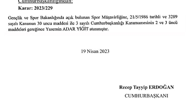Yasemin Adar Yiğit'e Atama Müjdesi