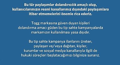 Togg'dan dolandırıcılık uyarısı