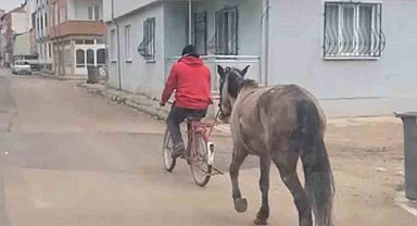 Bursa'da atı bisikletine bağlayarak götürdü