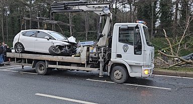 Sarıyer'de kontrolden çıkan otomobil ağacı yerinden söktü