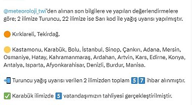 AFAD, 2 ilde turuncu, 22 ilde ise sarı kod ile yağış uyarısı yaptı