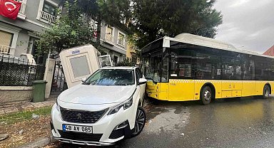 Başakşehir'de İETT otobüsü önce arabaya ardından ise güvenlik kulübesine çarptı